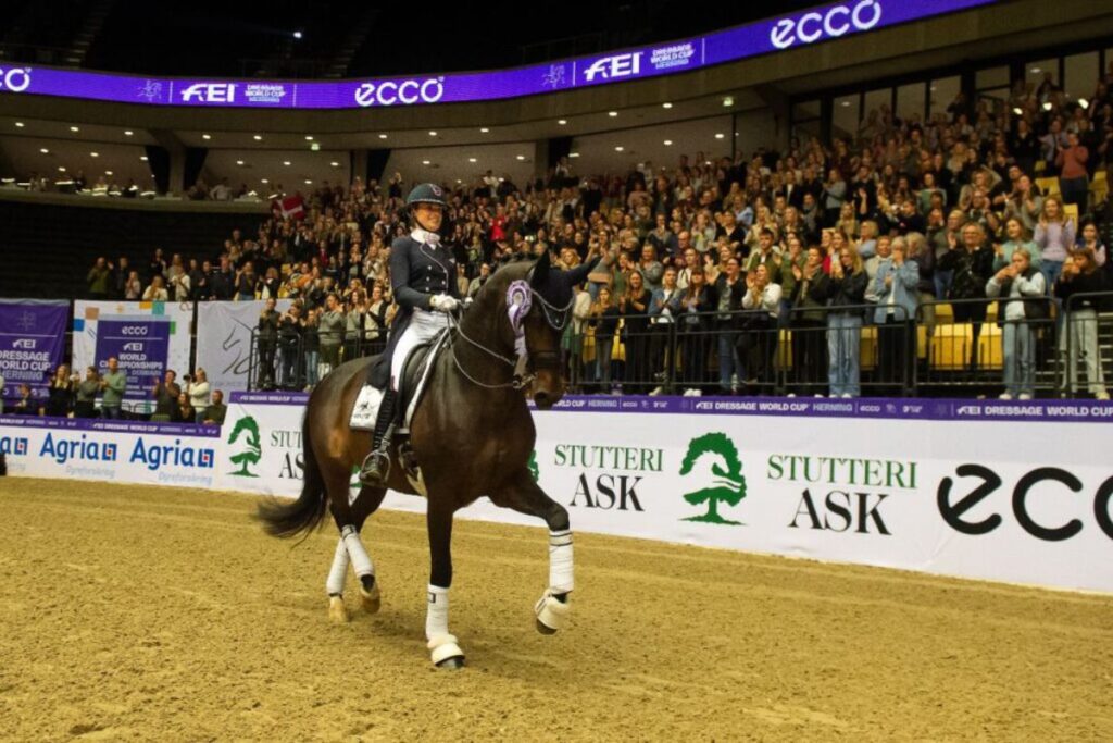  The Dutch rider Dinja van Liere was very happy with her only  9-year-old stallion Hermes. Photo: FEI Dressage World Cup Herning.