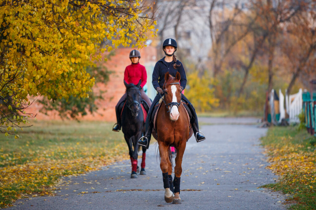 Two girls riding horses in autumn